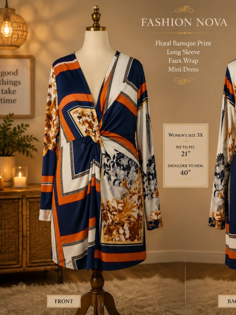 Fashion Nova Floral Baroque Print Long Sleeve Faux Wrap Mini Dress